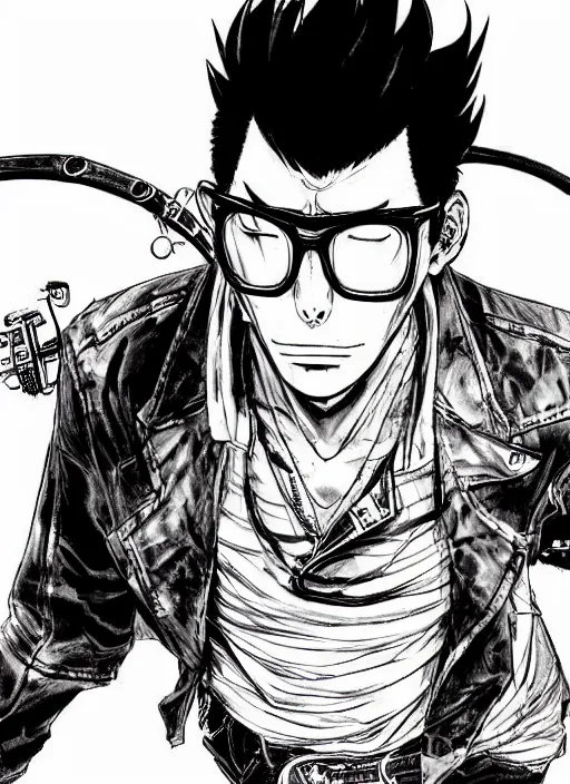 Prompt: travis touchdown, by takehiko inoue and kim jung gi, masterpiece ink illustration, perfect face and anatomy!