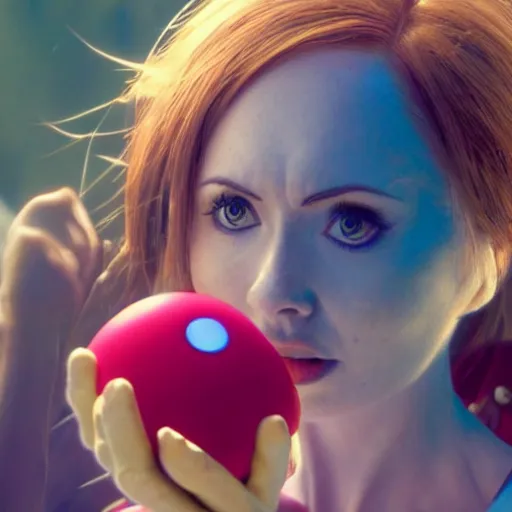 Image similar to Karen Gillan as Misty from Pokémon, Indigo League, outstretched arm holding a Poké Ball, close-up shot, photo realism, cinematic, realistic, 8K