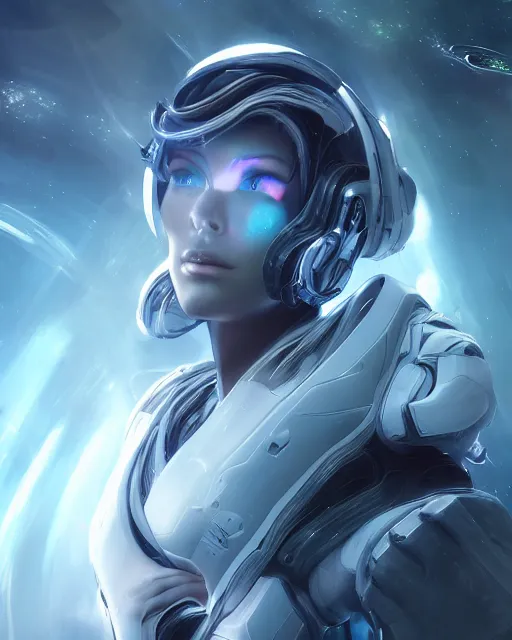 Image similar to photo of a beautiful girl on a mothership, android, warframe armor, pretty face, scifi, futuristic, galaxy, raytracing, dreamy, perfect, aura of light, pure, white hair, blue cyborg eyes, glow, insanely detailed, artstation, innocent look, art by gauthier leblanc, kazuya takahashi, huifeng huang