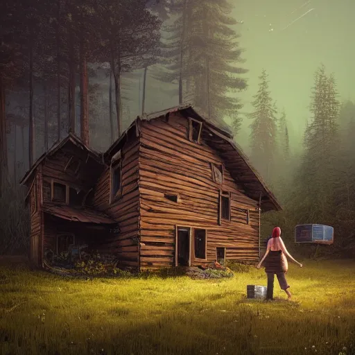 Image similar to woman leaving her wooden broken house by simon stålenhag, very highly detailed, award winning, rendered by Beeple, by Makoto Shinkai, syd meade, starwars, space art concept, digital art, unreal engine, blender, WLOP, trending on artstation, 4K UHD image, octane render