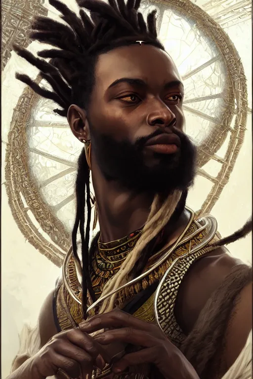 Image similar to photography of african king with dreadlocks, deep focus, d & d, fantasy, intricate, elegant, highly detailed, digital painting, artstation, concept art, matte, sharp focus, illustration, hearthstone, art by artgerm and greg rutkowski and alphonse mucha