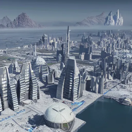 Image similar to A coastal city near some snow-capped mountains, sci-fi, 8k photorealistic, coruscant from star wars, futuristic architecture