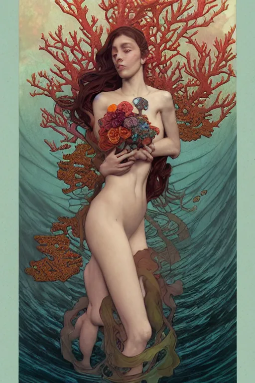 Image similar to portrait of a beautiful mysterious woman underwater, hidden hands holding a bouquet of flowers, corals and fish, by eve ventrue, michael carson, andreas rochas, john watkiss, casey weldon, artgerm. art nouveau. tarot card by mucha. gloomhaven. swirly intricate linework background. gaudy colors, sharp edges. octane render