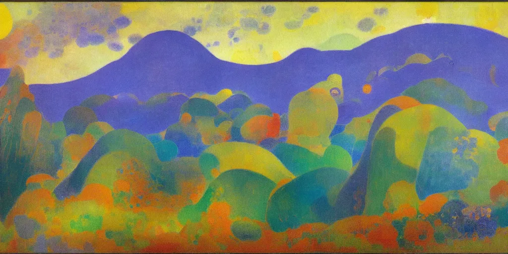 Image similar to An insane, modernist landscape painting. Wild energy patterns rippling in all directions. Curves, organic, zig-zags. Mountains, clouds. Rushing water. Waves. Psychedelic dream world. Odilon Redon. Alex Katz.