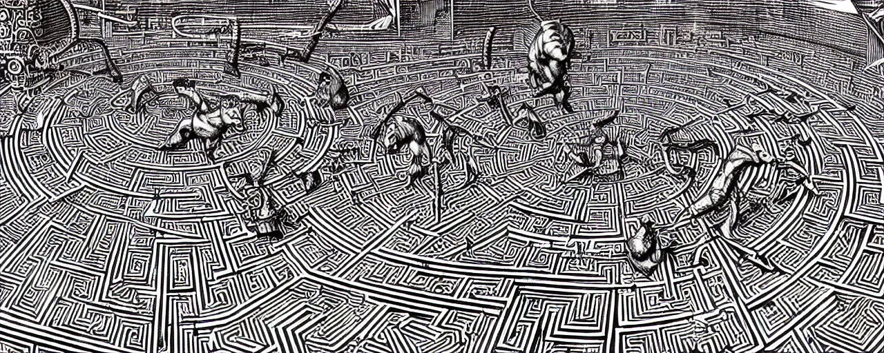 Prompt: isometric view of a highly detailed cnc mill woodcut of a hyperdimensional labyrinth maze with a steampunk minotaur in the center
