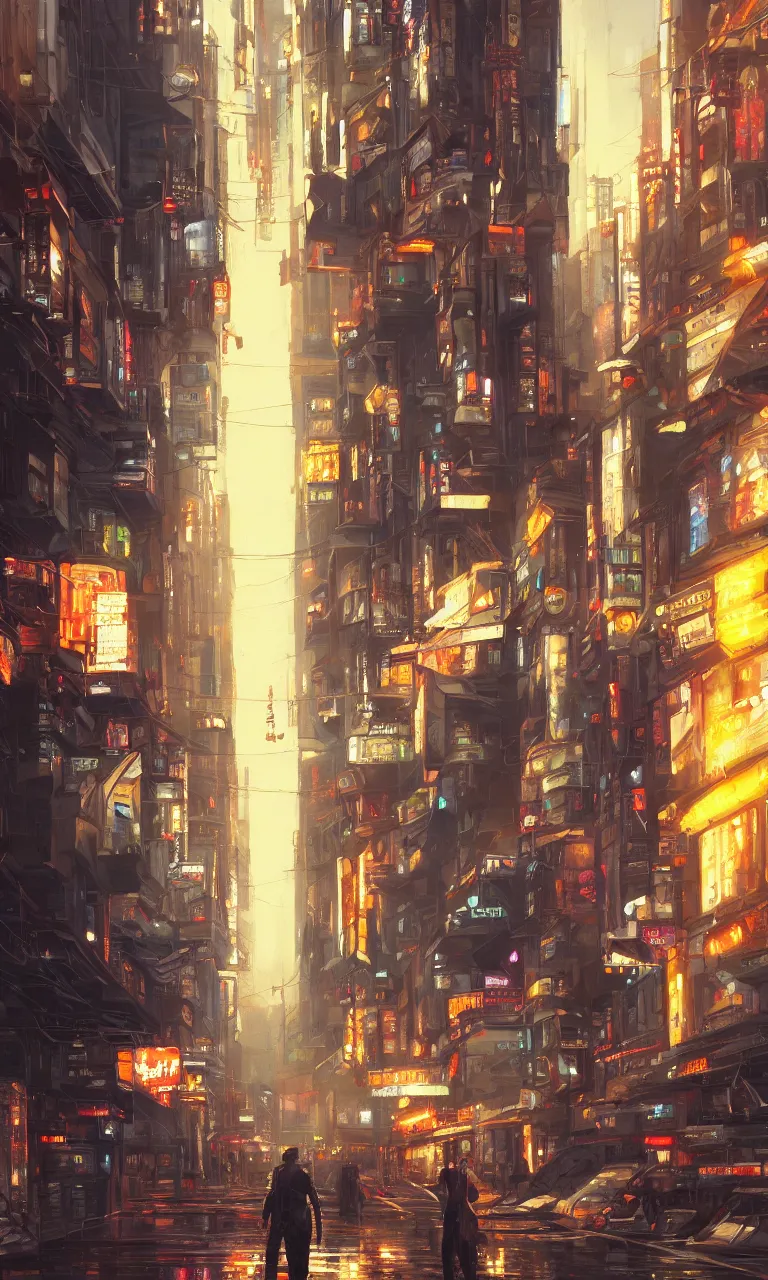 Image similar to an epic painting of the city street, oil on canvas, cold colors, perfect composition, golden ratio, beautiful detailed, photorealistic, digital painting, artstation, concept art, smooth, sharp focus, illustration, cyberpunk background, artstation trending, octane render, unreal engine