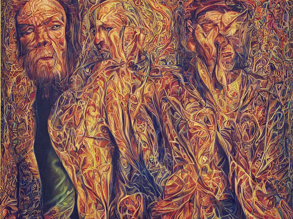 Image similar to portrait of a blonde man in slavic squat. painting by alex grey