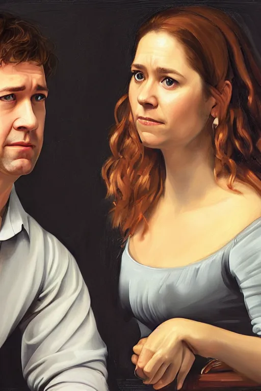 Image similar to portrait painting of jim halpert and pam beesly, in the style of caravaggio