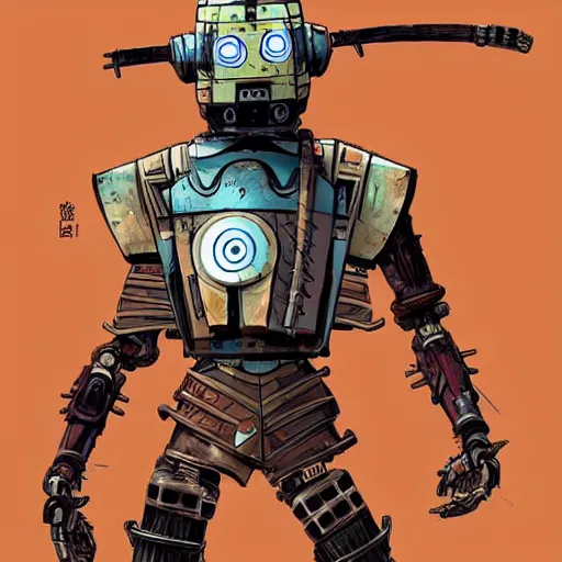 Prompt: robot samurai mask helmet bot borderland that looks like it is from borderlands and by feng zhu and loish and laurie greasley, victo ngai, andreas rocha, john harris