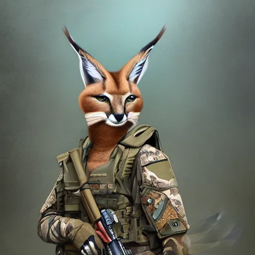 Prompt: very very beautiful avian furry art, male cute caracal wearing desert camo combat uniform, outstretched wings, commission on furaffinity, highly detailed digital art