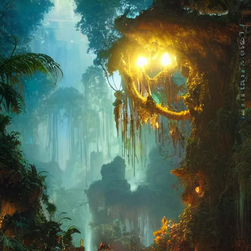 Prompt: beautiful serene night in pandora jungle ruins, bioluminescence plants, night forest of avatar by james cameron painting, by gaston bussiere, craig mullins, j. c. leyendecker, tom of finland