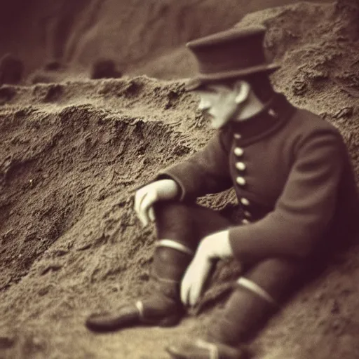 Prompt: tilt shift napoleon pondering over a dug out trench wwi, dramatic light, zdzidaw, ultrafine, hyperrealistic, vintage, retro, 3 5 mm film still, movie