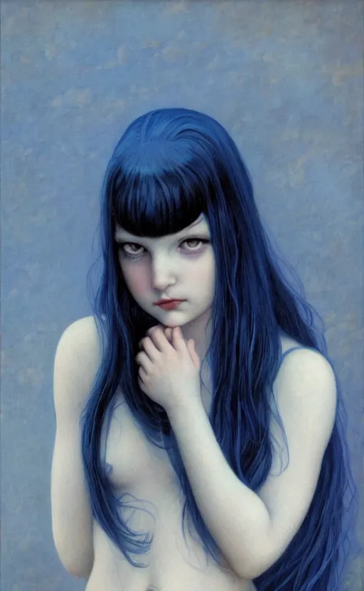 Prompt: little girl with blue hair, by gerald brom