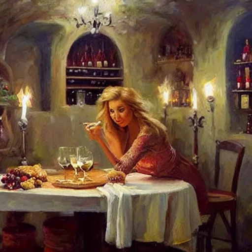 Image similar to wine cellar full of food, torches on the wall, schnapps!, romantic, inviting, cozy, blonde! woman, painting Vladimir Volegov