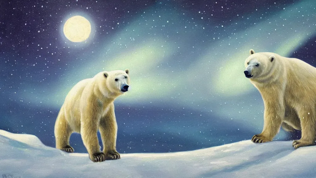 Image similar to an oil painting of a polar bear traversing a snowy landscape at night, the northern lights and the moon are visible