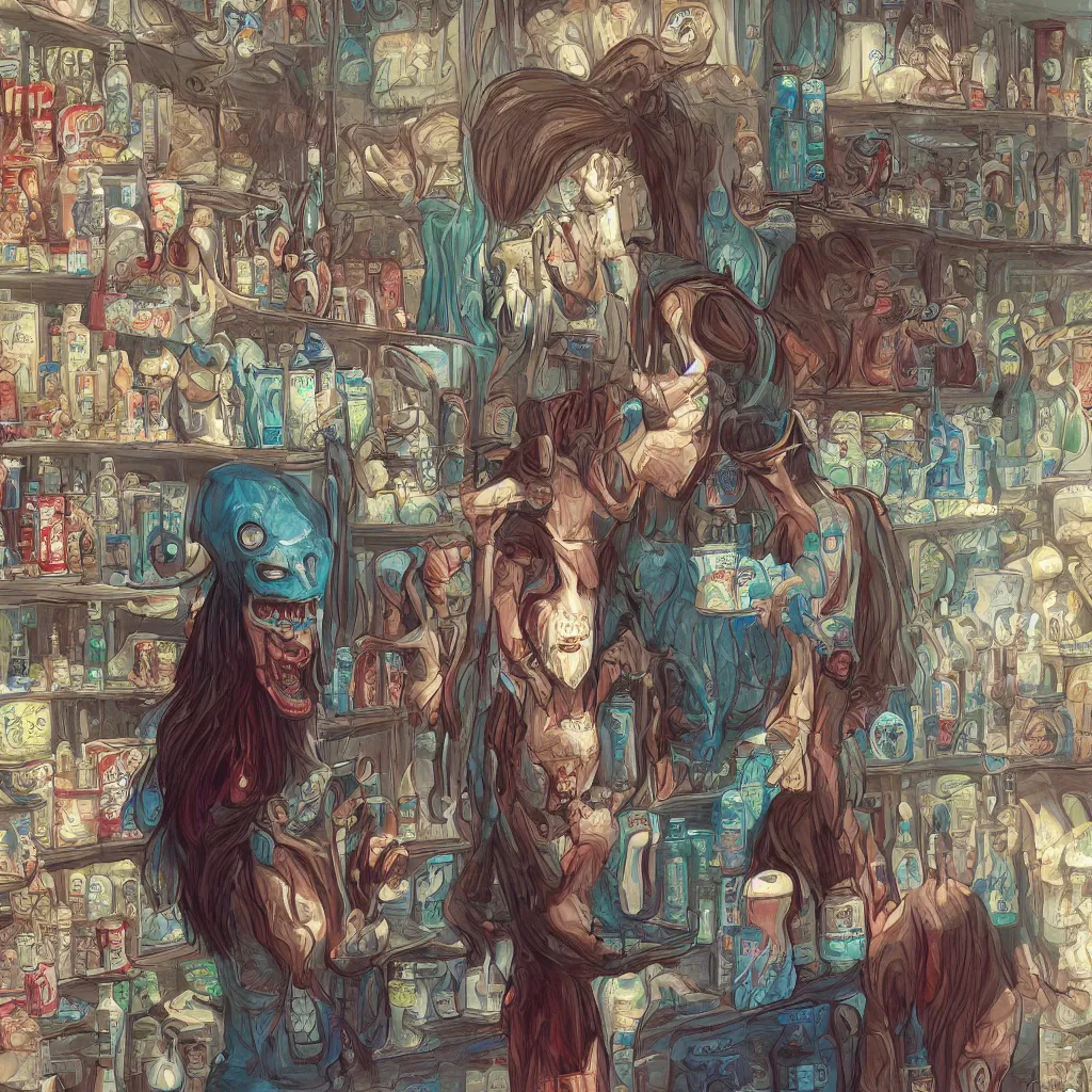 Prompt: a demon in a store contemplating which brand of water to buy while shopping, digital painting, illustration, high quality, fantasy