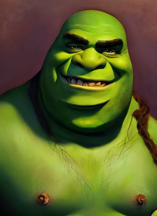Prompt: dramatic oil painting of shrek as thrall from world of warcraft, artstation, shrek, epic, dramatic,