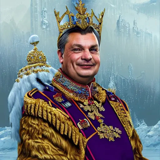 Prompt: an extremely realistic portrait depicting the coronation of viktor orban dressed in royal national costume, on the frozen danube, detailed, intricate, elegant, fat, highly detailed, digital painting, artstation, concept art, smooth, sharp focus, illustration,