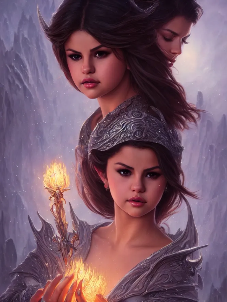 Image similar to Selena Gomez casting an frost spell, D&D, fantasy, intricate, elegant, highly detailed, digital painting, artstation, concept art, matte, sharp focus, illustration, hearthstone, art by Artgerm and Greg Rutkowski and Alphonse Mucha