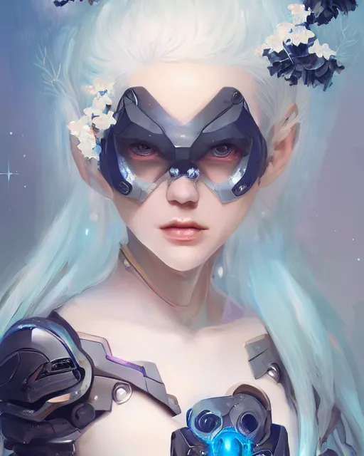 Image similar to cyborg girl with white hair and black skirt, flower decorations, dreamy, beautiful illustration, scifi, radiant, atmosphere, harmony, top lighting, blue eyes, focused, perfect composition, artstation, highly detailed, art by yuhong ding and chengwei pan and serafleur and ina wong