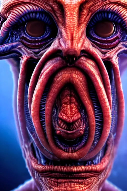 Image similar to hyperrealistic close-up alien! highly detailed concept art eric zener elson peter cinematic hard blue lighting high angle hd 8k sharp shallow depth of field, inspired by David Paul Cronenberg and Zdzisław Beksiński