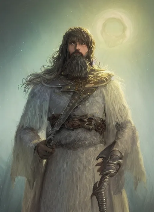 Image similar to Portrait of hexblade warlock Paladin, white glowing eyes, silver shaggy hair, short brown, scruffy beard, cloak, teal ethereal tendril wings, male, fantasy, extremely detailed, digital painting, artstation, concept art, smooth, sharp focus, illustration, stunning lighting, art by artgerm and greg rutkowski and alphonse mucha and simon stalenhag, realistic character concept, high fantasy, light atmosphere, golden ratio, cinematic lighting, hyperdetailed, high resolution, insanely detailed and intricate, artstation, Marc Simonetti, Greg Rutkowski