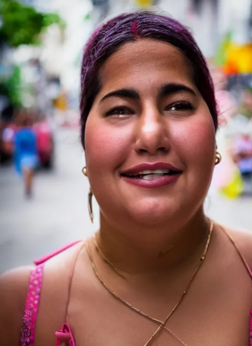 Prompt: close up portrait of a beautiful, chubby, 30-year-old woman from Cuba, happy, candid street portrait in the style of Mario Testino, award winning, Sony a7R