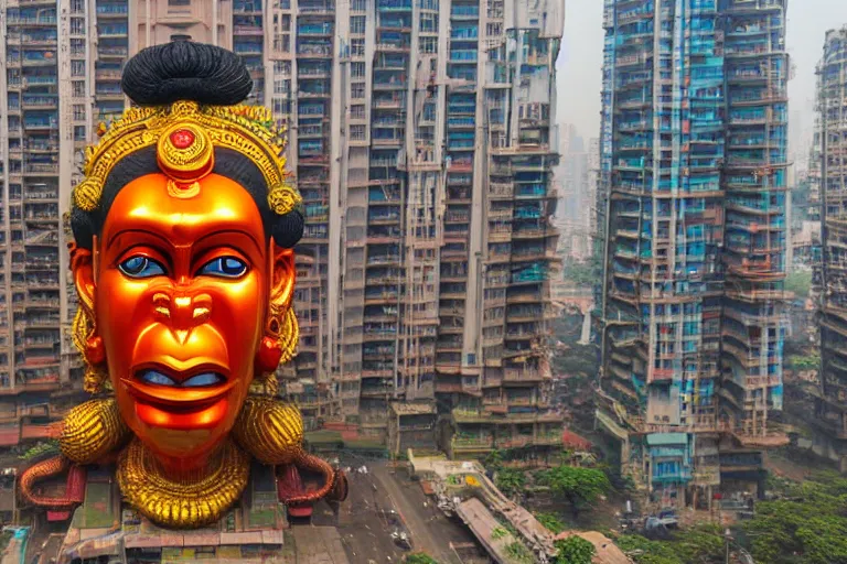 Image similar to high quality 3 d cyberpunk biomorphic hanuman head building in the middle of mumbai!!, kalighat highly detailed, cinematic smooth, stephen shore & john j. park, soft morning light, wide shot, high angle, uhd 8 k, deep focus