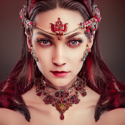 Image similar to photograph of wonderful princess with smooth fair skin, alluring eyes, red jewelry, breathtaking, elegant, ornate, intricate, hyper detailed, accent lighting, dramatic light, 4 k octane render