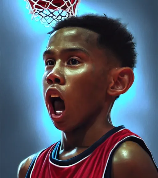 Image similar to portrait of a boy at a basketball court playing basketball wearing a basketball jersey in a basketball court standing near the basketball hoop, intense emotion, detailed facial expression, detailed surroundings, intricate, elegant, highly detailed, centered, digital painting, artstation, concept art, smooth, sharp focus, illustration, by (Michelangelo), WLOP