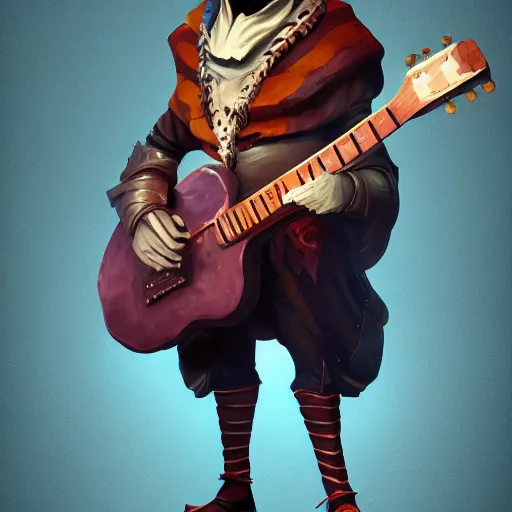 Prompt: a digital painting of a man wearing a mask playing a guitar, young handsome pale roma, grim dark jester from gwent cards, a character portrait by senior character artist, polycount, vanitas, sketchfab, speedpainting, zbrush
