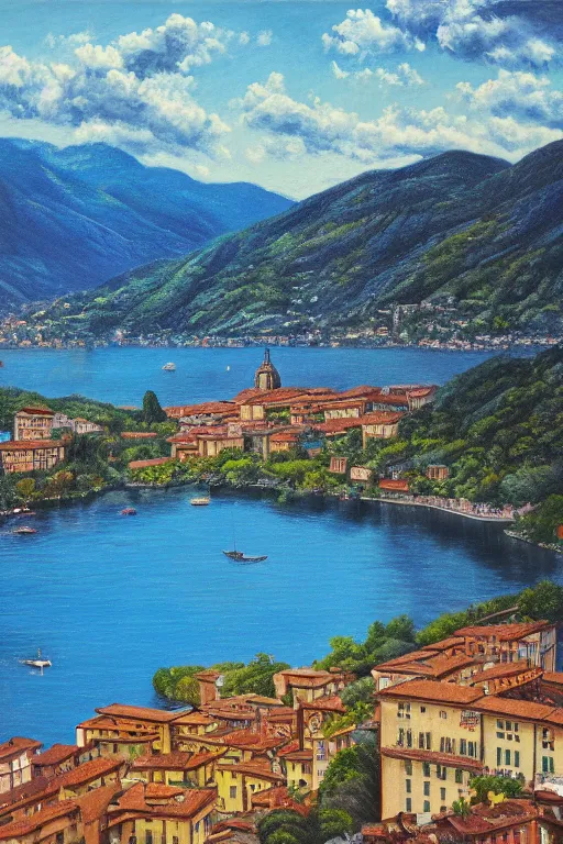 Image similar to Highly detailed oil painting of Lake Como, photorealistic, wide shot, daylight, blue sky, summer, dramatic lighting, award winning, highly detailed, medium format photography, cinestill 800t.