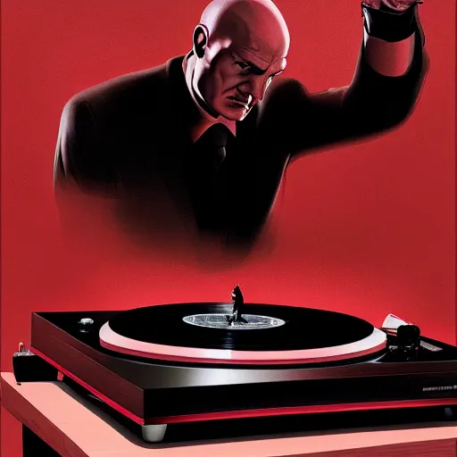 Image similar to a portrait of agent 4 7 placing a record in a record player, black background, red rim light, highly detailed, smooth, sharp focus, art by maciej kuciara