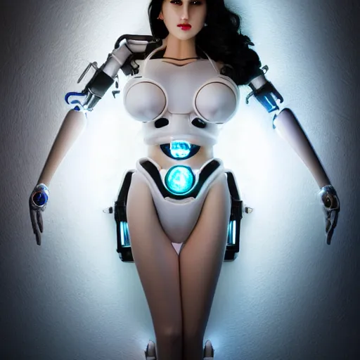 Prompt: beautiful centered Fine art photo portrait of young Sunny Leone as a solarpunk robotic humanoid, white mechanical parts with led lights, photorealistic, white background, highly detailed and intricate, outdoor lighting, HDR 8k