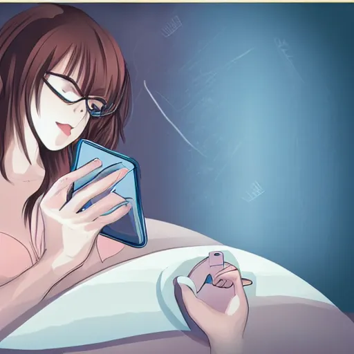 Image similar to girl in bed with phone in her hand before going to sleep, 2 d modern anime style