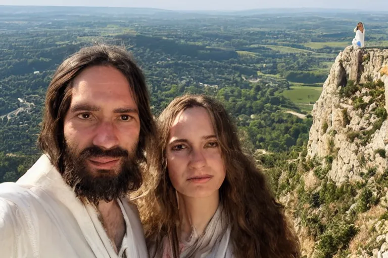 Prompt: selfie close - up photo from a mobile phone of jesus and mary magdalene standing on a cliff looking over a beautiful landscape in france, rennes - le - chateau, award winning photo, very detailed, very realistic cinematic