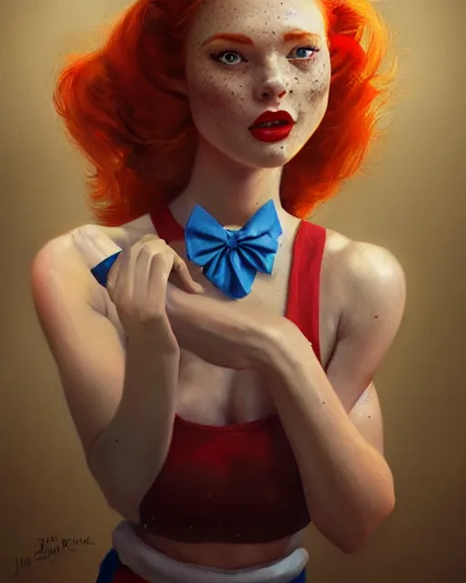 Prompt: muscular female 1 9 5 0 s diner waitress, perfect face, red bow, blue checkerboard dress, ginger hair, cinematic, freckles, stunning, athletic, strong, agile, highly detailed, psychedelic, digital painting, artstation, smooth, hard focus, illustration, art by jessica rossier and and brian froud