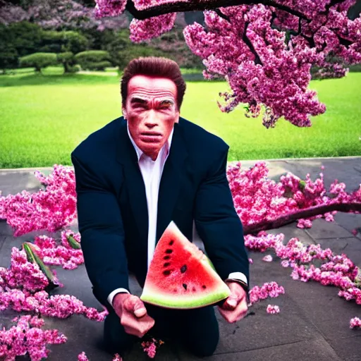 Image similar to photo, arnold schwarzenegger eats watermelon, japanese kimono, high heels, under sakura tree, camera on face