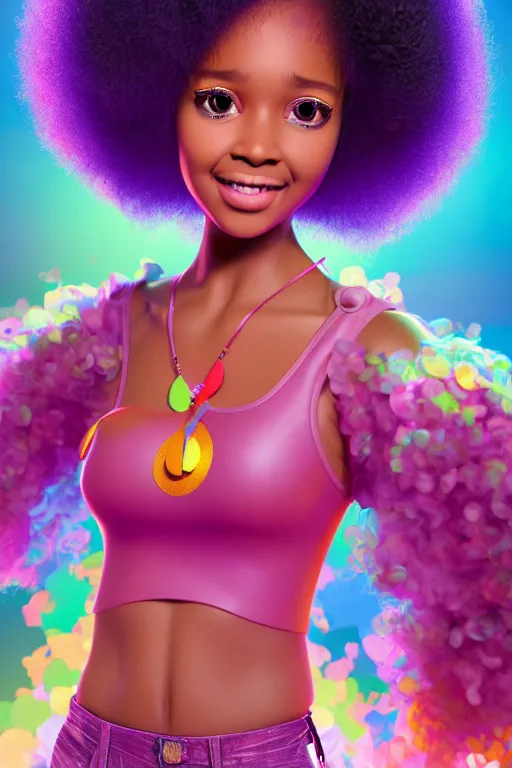 Image similar to a centered render of a cute super cool afro disco girl from the seventies, by dreamworks, by pixar, by viktoria gavrilenko, by leticia gillett, by artgerm, perfect face, 3 d, 8 k