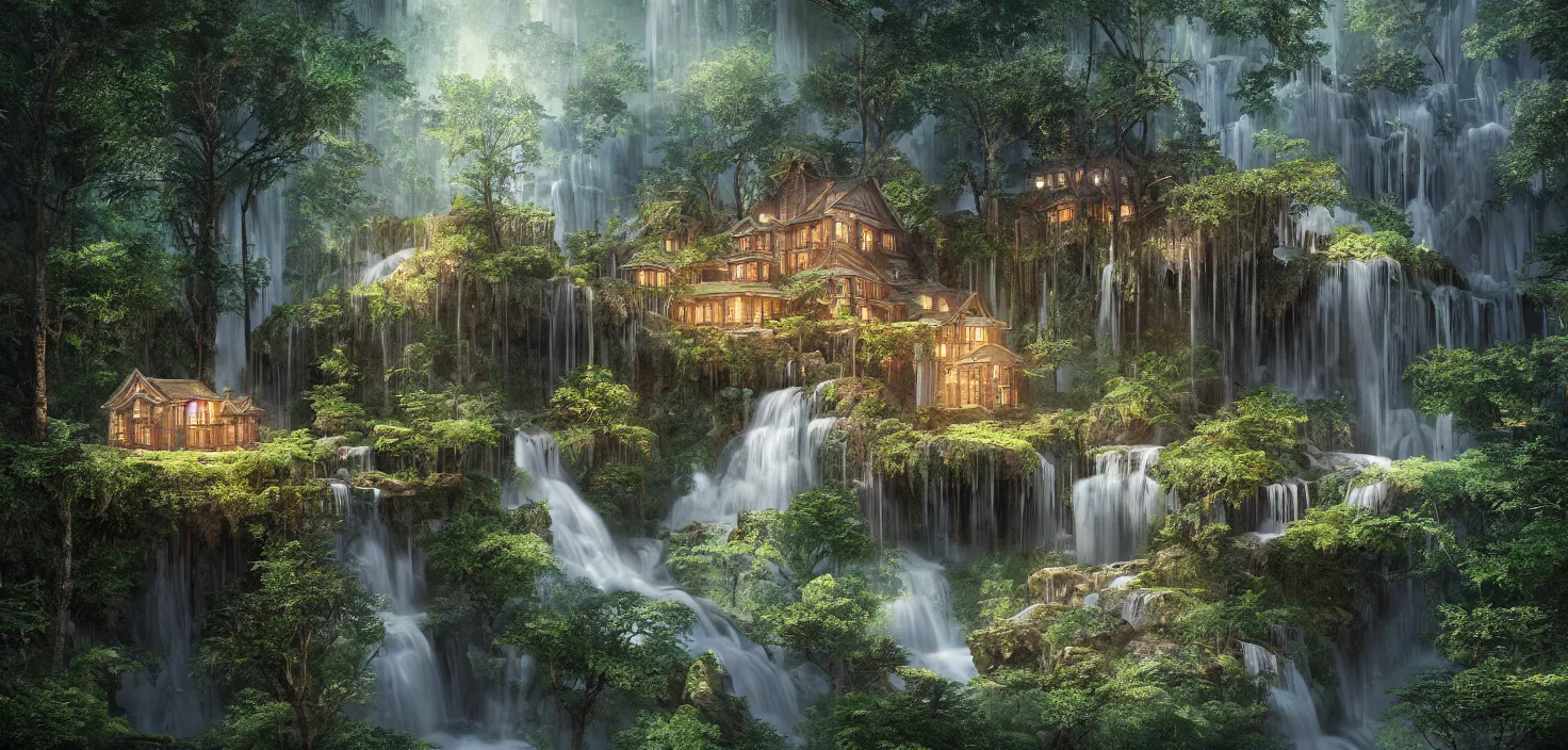 Prompt: beautiful big house in the forest, waterfall flows down from the mountain, octane render, fabulous, hyper detailed, random cinematic view, no noise, global illumination, warm lighting, volumetric, godrays, vivid, by jordan grimmer