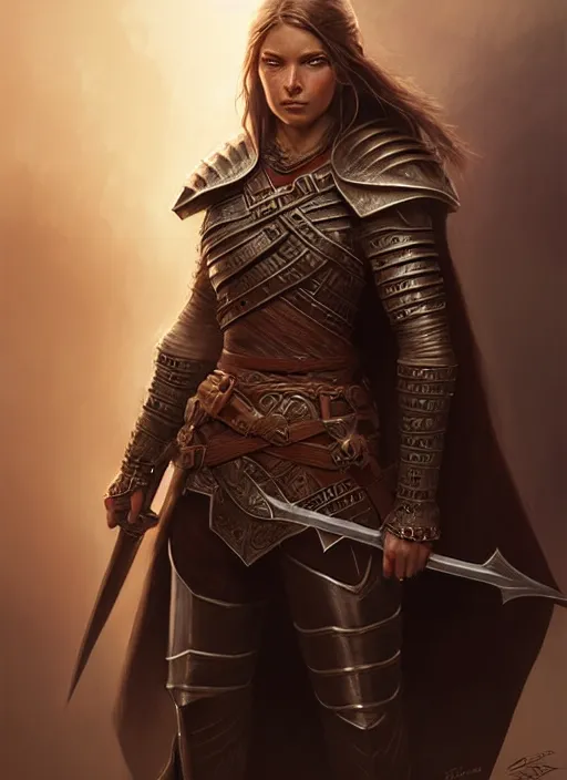 Prompt: Portrait of a female warrior, D&D fantasy, she has brown, mid-length hair, she has a serious expression, and is wearing armor and a cape. Intricate, highly detailed, digital painting, artstation, concept art, sharp focus, illustration, art by greg rutkowski and Ross Tran