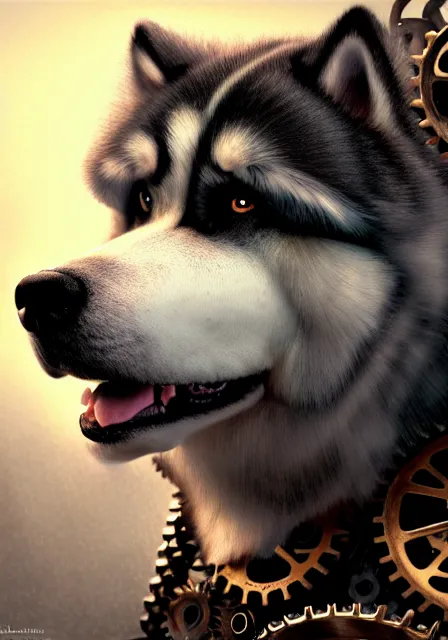 Prompt: hyper realistic ultra - detailed portrait of alaskan malamute face, steampunk hat with goggles and gears, upper body, detective coat, sharp focus, illustration, fantasy style, octane render, concept art, smooth, volumetric lighting, 8 k high definition, wide shot, by greg rutkowski and thomas kinkade, highly detailed, trending on art station