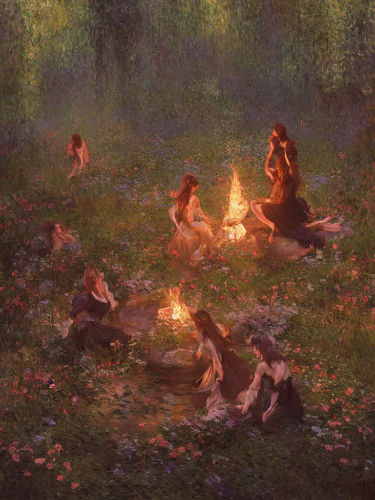 Image similar to illustration studio portrait of witches dancing and floating around a big firepit in artistic poses at the forest in a witch's dark coven, monet painterly motives and textures pattern, hyper detailed, octane render, vivid colors, artstation, by jeremy mann, by alphonse mucha, by monet