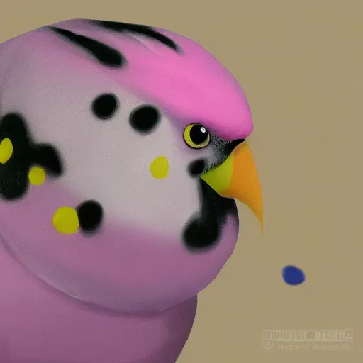 Image similar to an oil painting of a piggie pink budgie with black spots, full hd, ue5, ue4, unreal engine 5, artstation