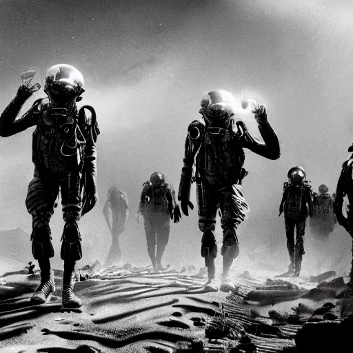 Image similar to soldiers exploring an alien world, 1 9 2 0's sci - fi, black and white, 8 k, highly ornate intricate details, extreme detail,