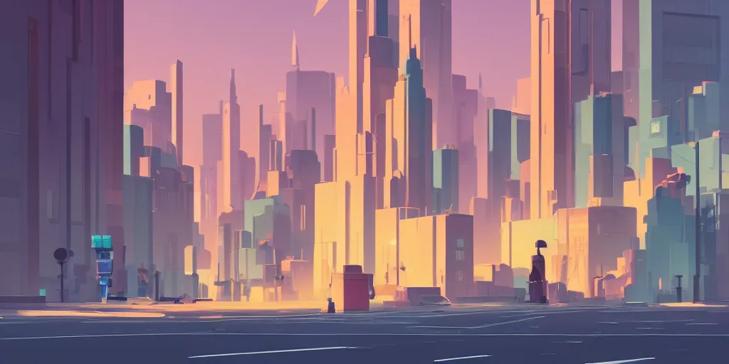 Image similar to a beautiful picture of a city with a closeup of a street, a matte painting by james gilleard, minimalist design, geometric lines, pixiv contest winner, retrofuturism, cityscape, 2 d game art, low poly