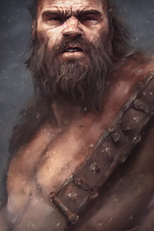 Image similar to a full body fantasy portrait oil painting illustration of a single rugged stoic barbarian man by Justin Sweet with face and body clearly visible, d&d, rpg, forgotten realms, artstation trending, high quality, sombre mood, artstation trending, muted colours, no crop, entire character,