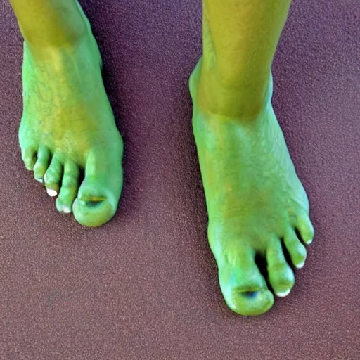 Image similar to close up of shrek's beautiful oiled green feet