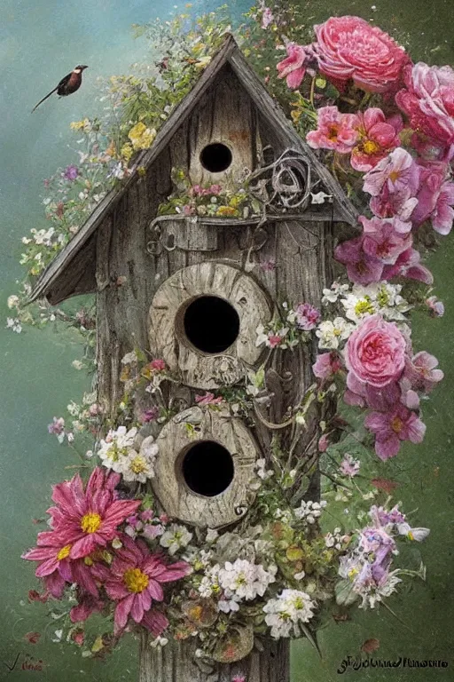 Prompt: whimsical birdhouse and flowers by jean - baptiste monge