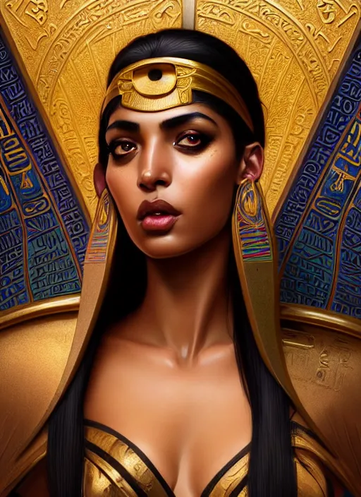 Prompt: close up portrait of beautiful isis egyptian symbolism, dark olive skin and black eye makeup, gorgeous north african woman by artgerm, cushart krenz, greg rutkowski, mucha. art nouveau. gloomhaven, swirly vibrant ripples, gaudy colors, sharp edges. ultra clear detailed. 8 k. elegant, intricate, octane render